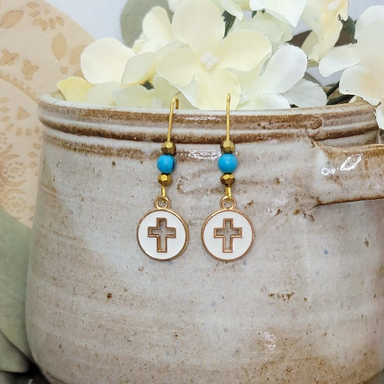 White Enamel Etched Cross Charm Earrings, Bohemian Dangle Drops, Faith Hope Love, Nicki Lynn Jewelry 