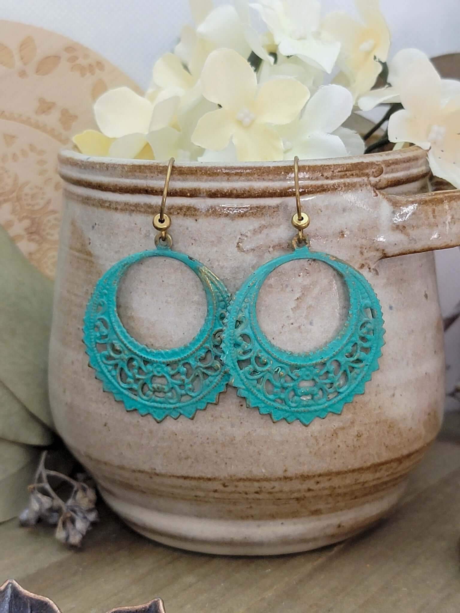 Patina Verdigris Vintage Style Filigree Hoop Earrings, Nicki Lynn Jewelry 