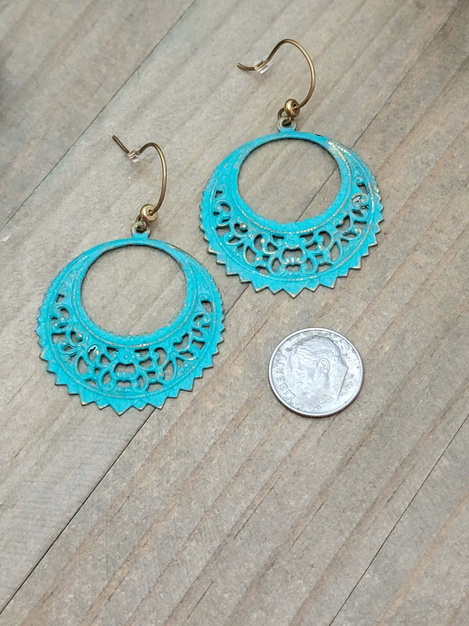 Patina Verdigris Vintage Style Filigree Hoop Earrings, Nicki Lynn Jewelry 