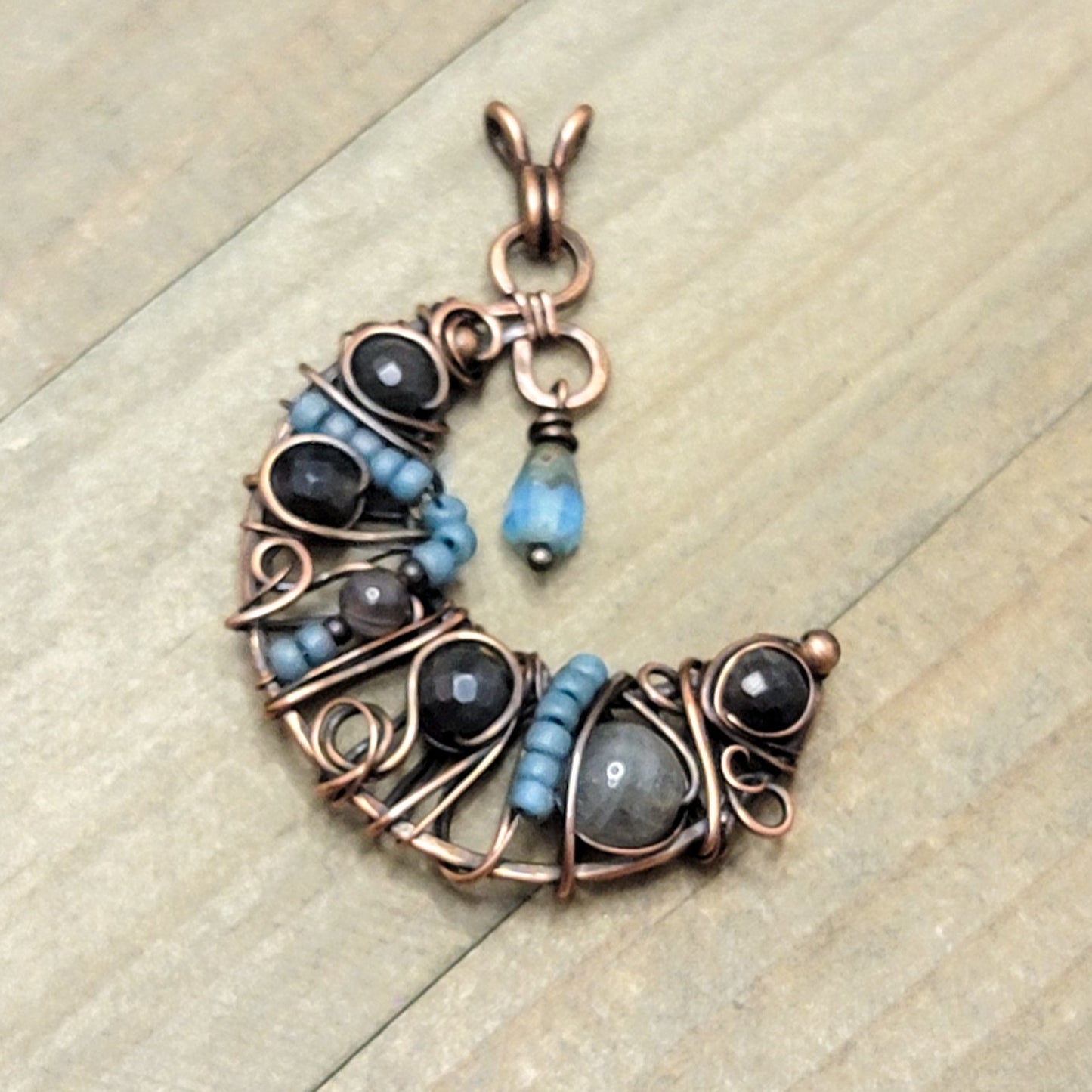 Crescent Moon Wire Wrapped Copper Necklace-Blues - Nicki Lynn Jewelry