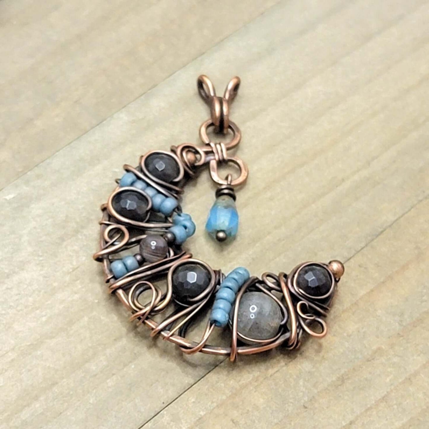 Crescent Moon Wire Wrapped Copper Necklace-Blues - Nicki Lynn Jewelry