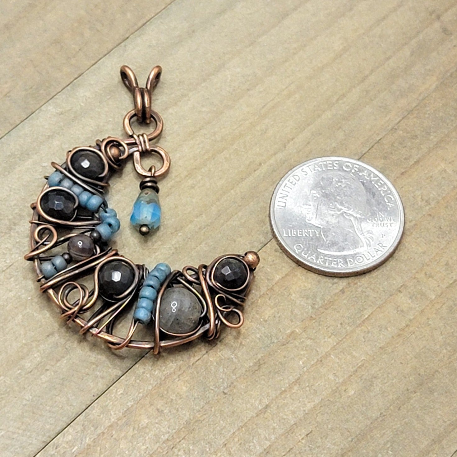 Crescent Moon Wire Wrapped Copper Necklace-Blues - Nicki Lynn Jewelry