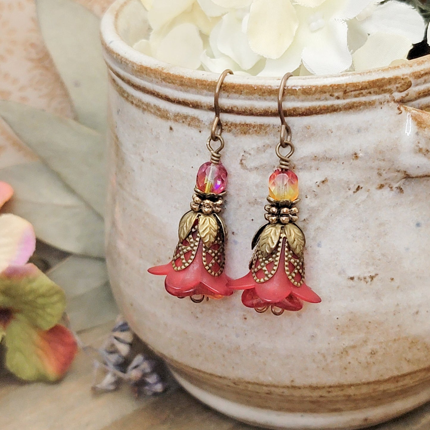 Victorian Red Vintage Style Flower Dangle Earrings, Nicki Lynn Jewelry