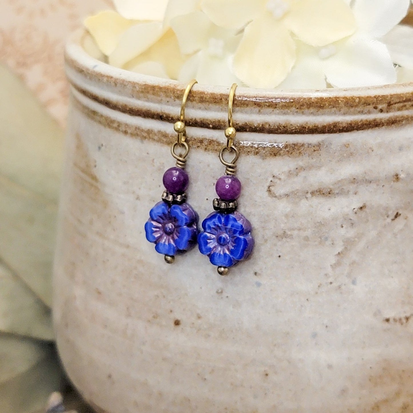 Czech Glass Flower Earrings-Pansy Blue and Purple, Nicki Lynn Jewelry 