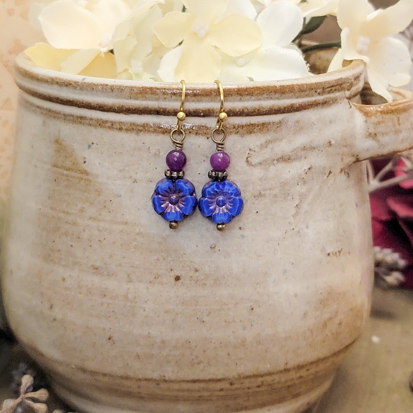 Czech Glass Flower Earrings-Pansy Blue and Purple, Nicki Lynn Jewelry 