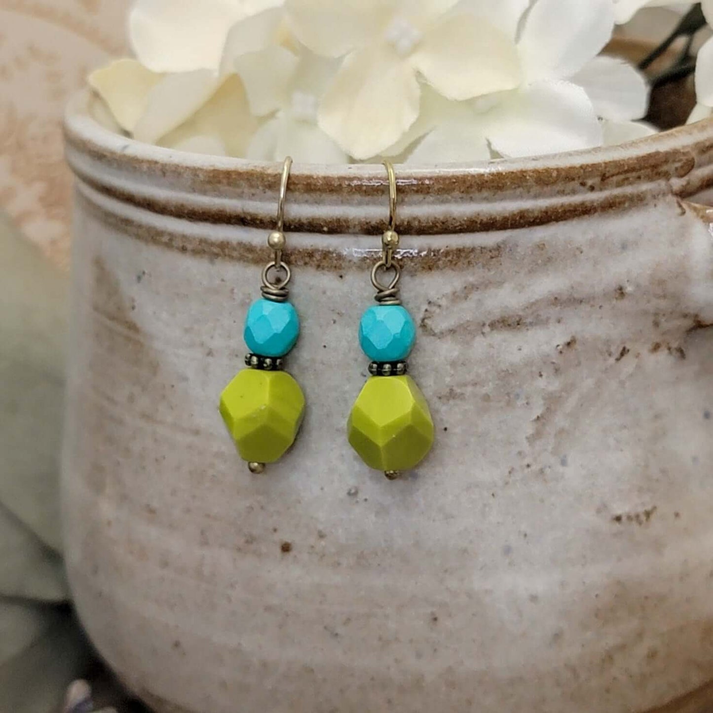 Turquoise-Chartreuse Boho Small Drop Earrings, Nicki Lynn Jewelry 