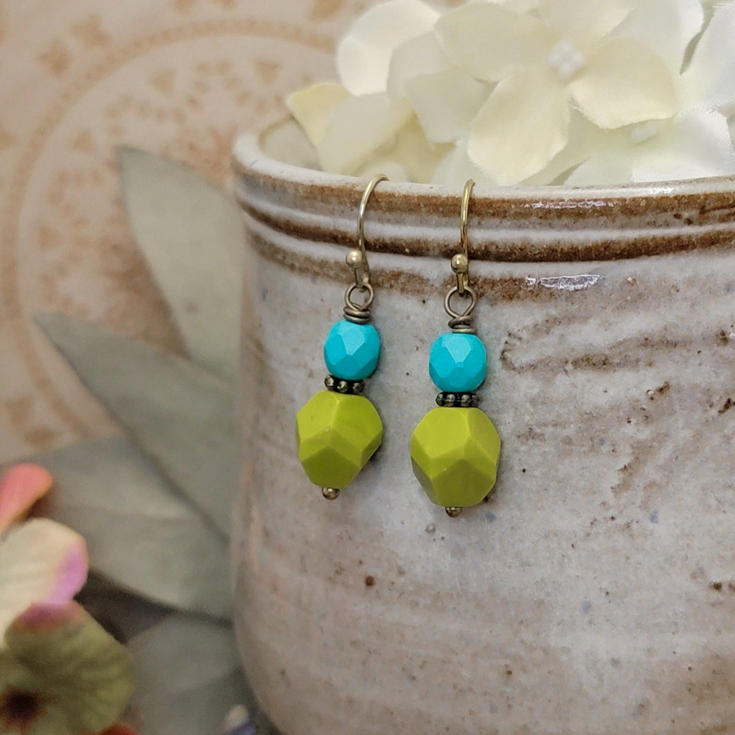 Turquoise-Chartreuse Boho Small Drop Earrings, Nicki Lynn Jewelry 