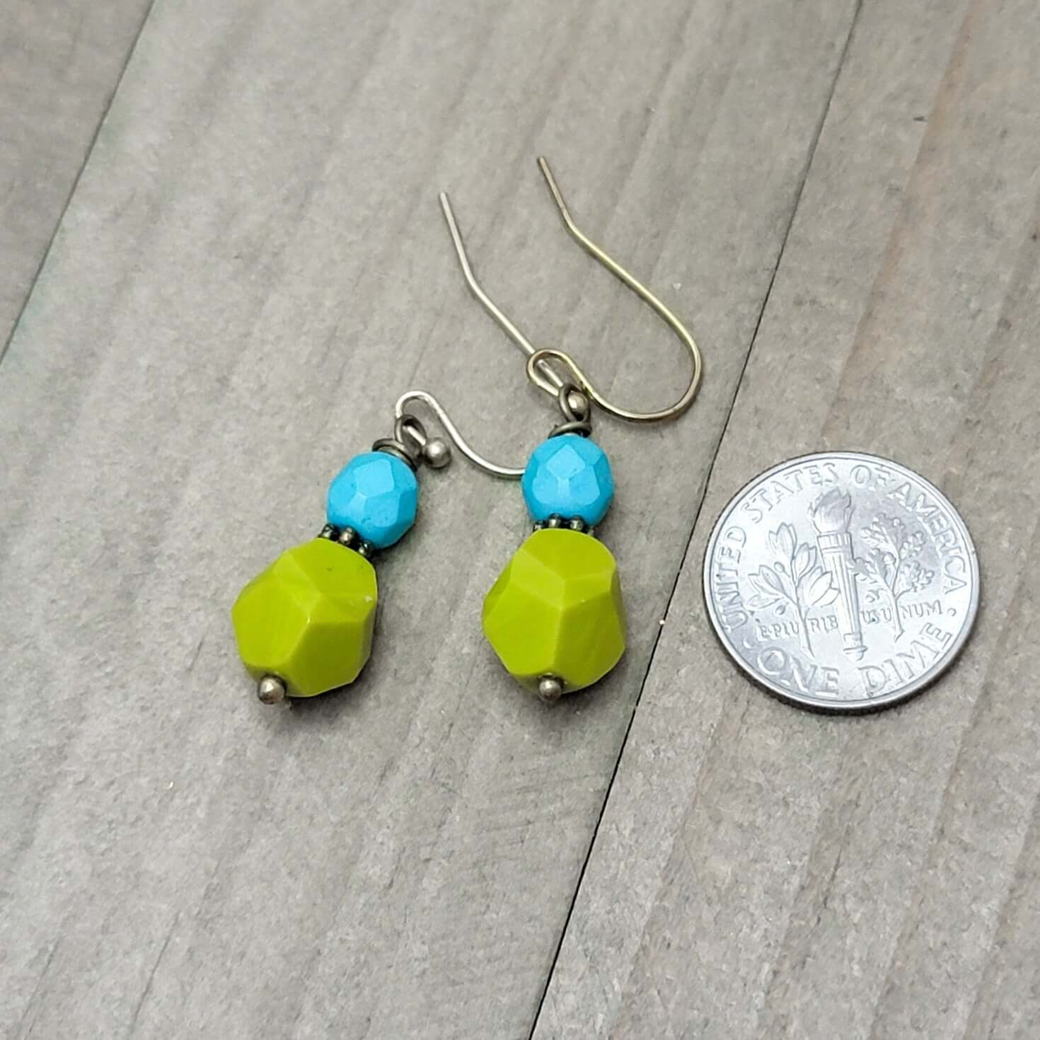 Turquoise-Chartreuse Boho Small Drop Earrings, Nicki Lynn Jewelry 