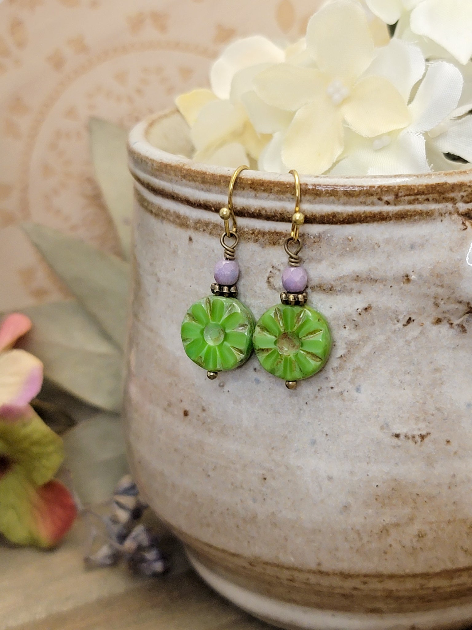 Small Green Boho Dangle Earrings, Nicki Lynn Jewelry 