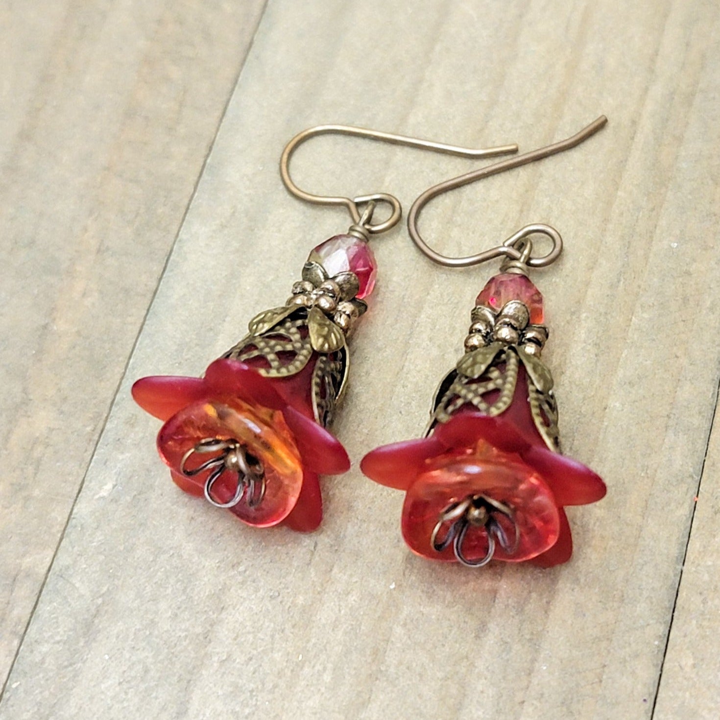Victorian Red Vintage Style Flower Dangle Earrings, Nicki Lynn Jewelry 