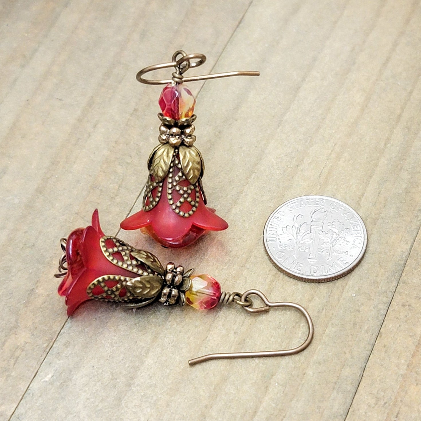 Victorian Red Vintage Style Flower Dangle Earrings, Nicki Lynn Jewelry 