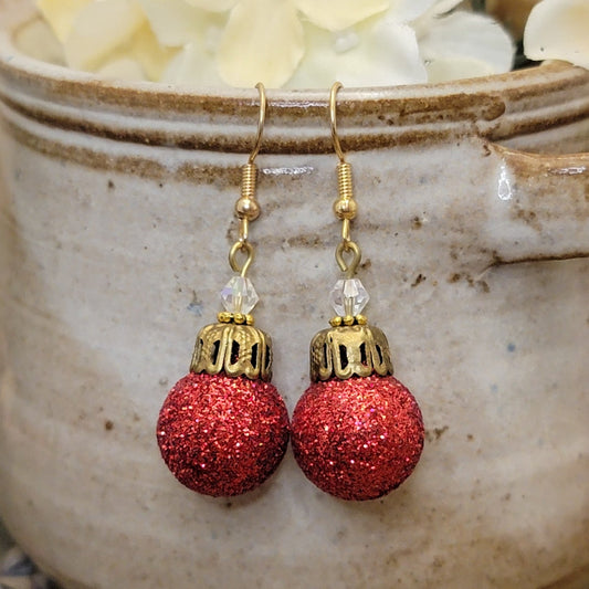 Red Sparkle Christmas Glitter Ornament Earrings, Nicki Lynn Jewelry 
