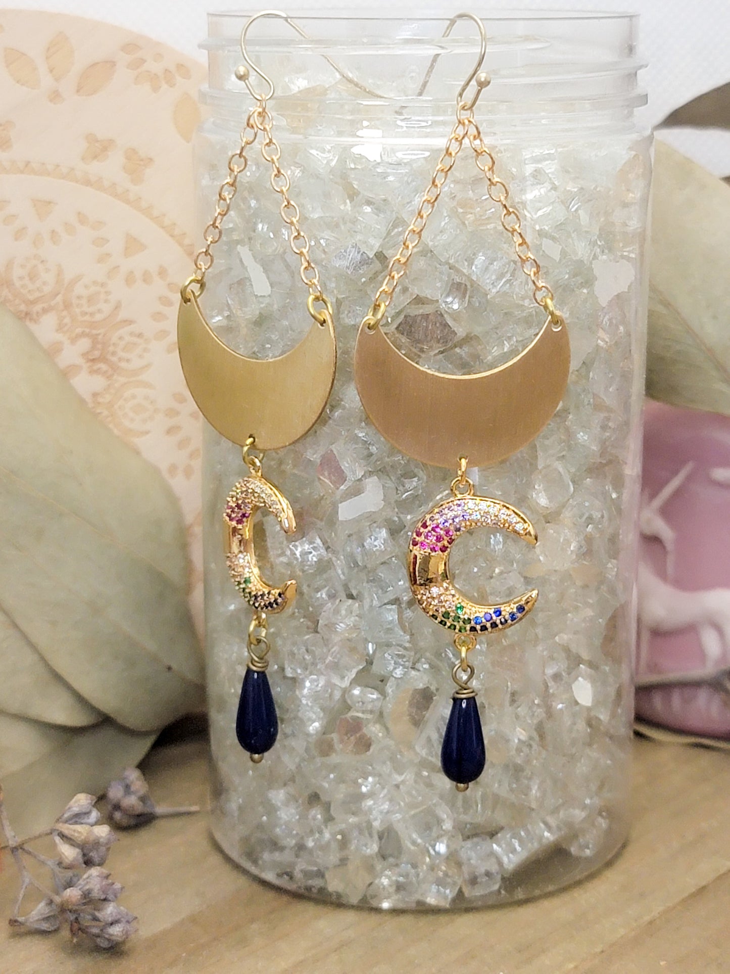 Crescent Moon Statement Earrings With Czech Glass Teardrops, Nicki Lynn Jewelry