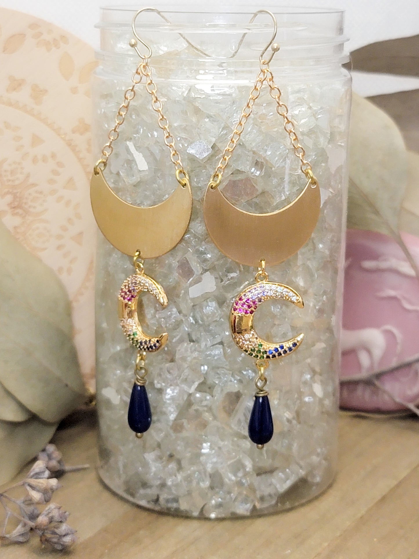 Crescent Moon Statement Earrings With Czech Glass Teardrops, Nicki Lynn Jewelry 
