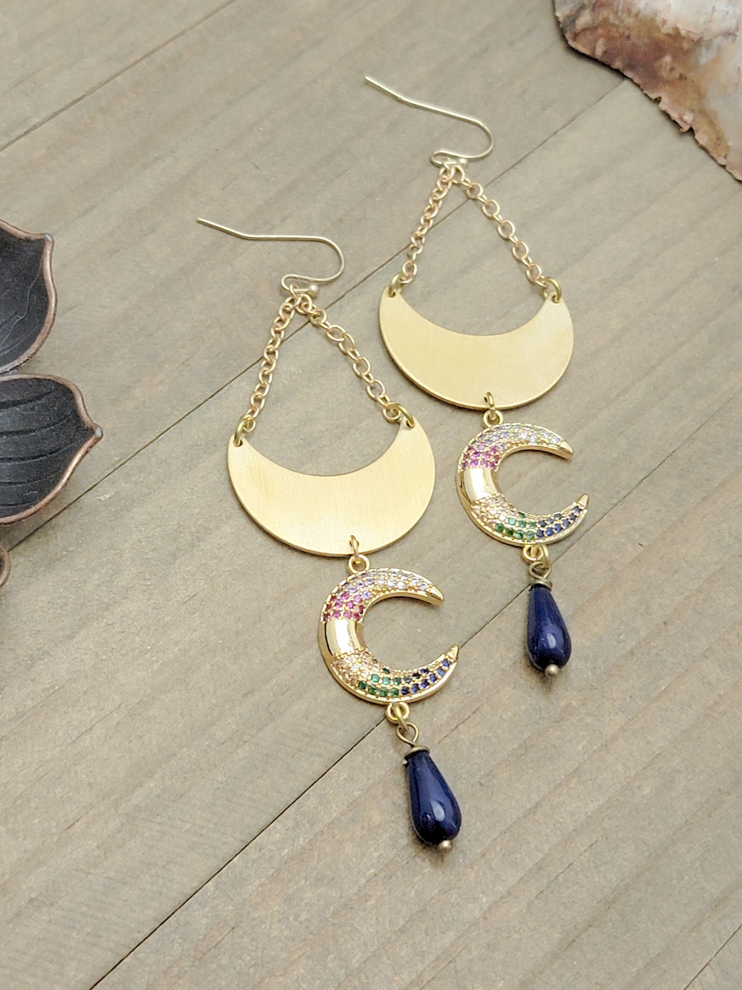 Crescent Moon Statement Earrings With Czech Glass Teardrops, Nicki Lynn Jewelry