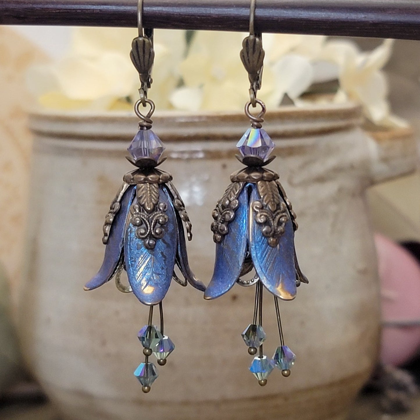 Blue Violet Iridescent Flower Earrings, Nicki Lynn Jewelry 