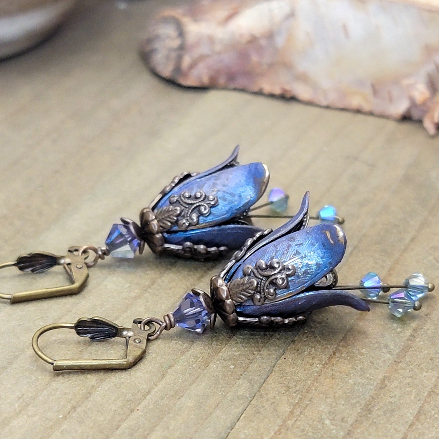 Blue Violet Iridescent Flower Earrings, Nicki Lynn Jewelry 