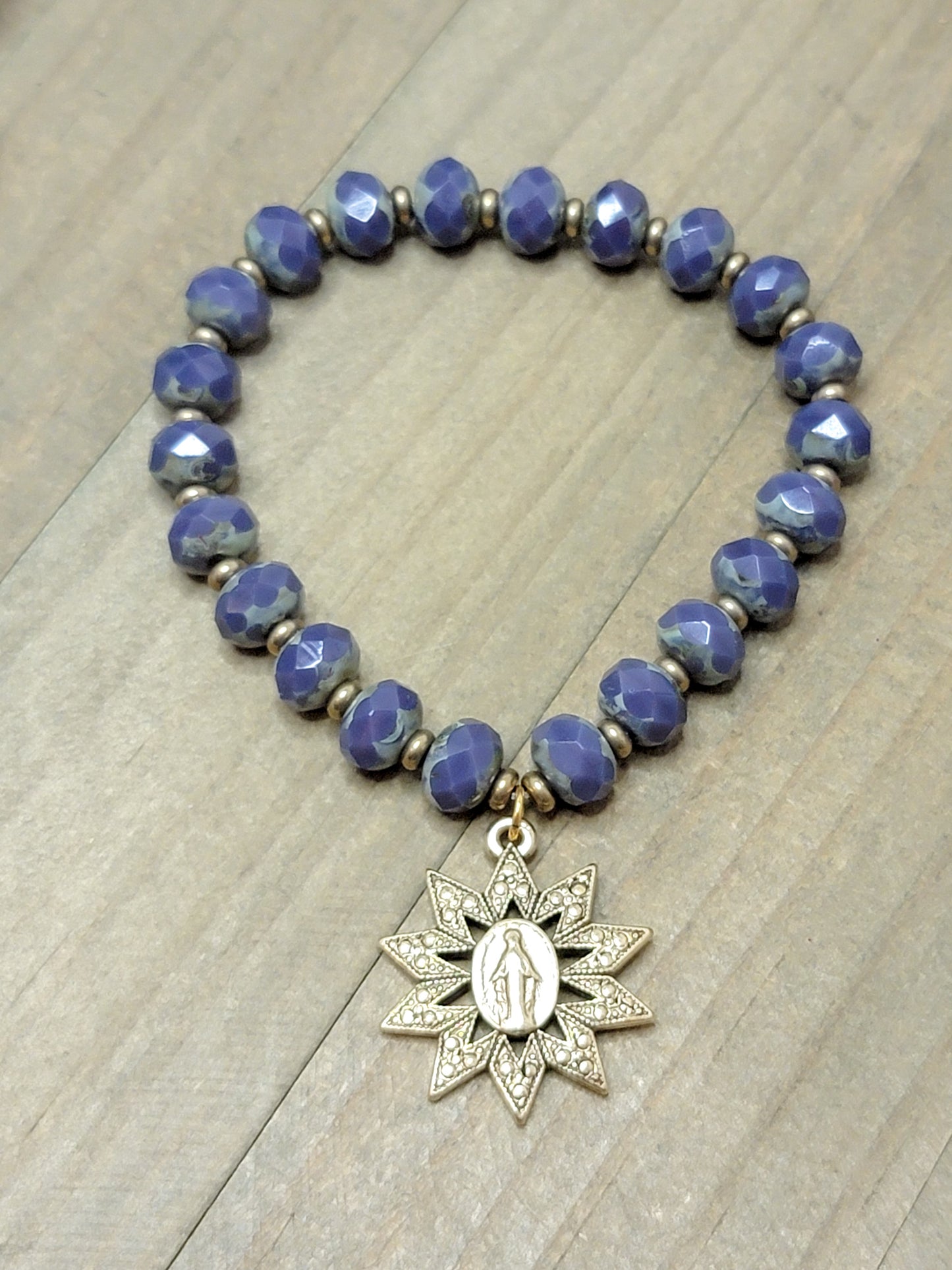 Purple Czech Beaded Bracelet with Gold Blessed Virgin Mary Metal - Nicki Lynn Jewelry