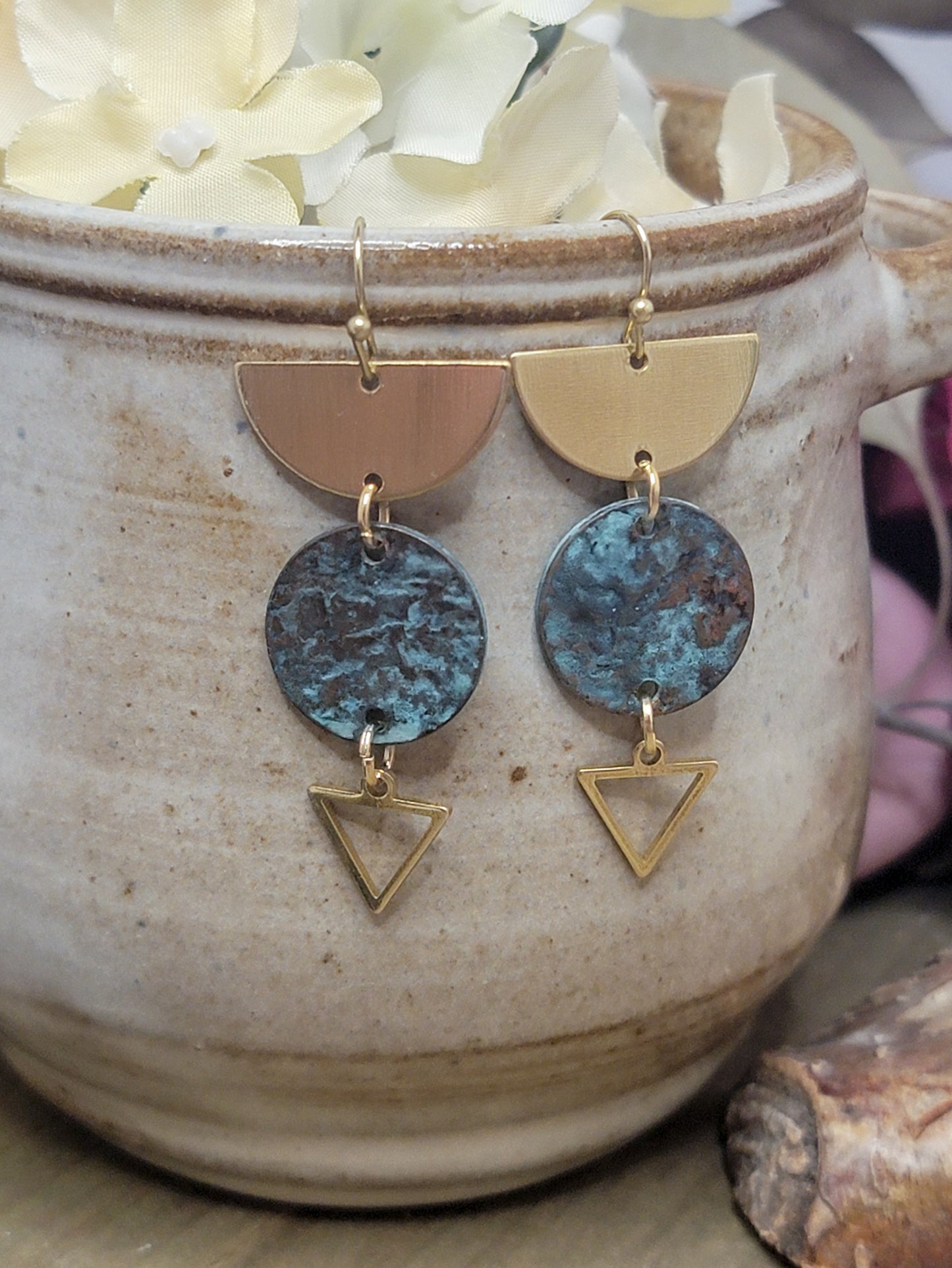 Patina Gold Brass Geometric Earrings, Nicki Lynn Jewelry