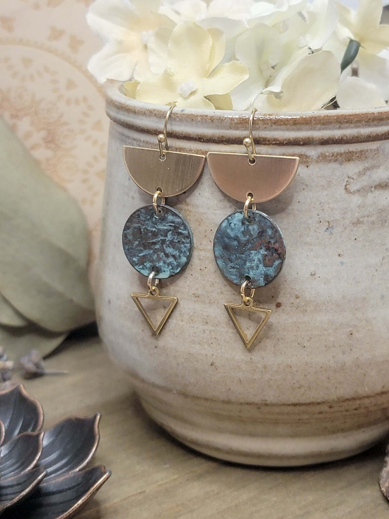 Patina Gold Brass Geometric Earrings, Nicki Lynn Jewelry