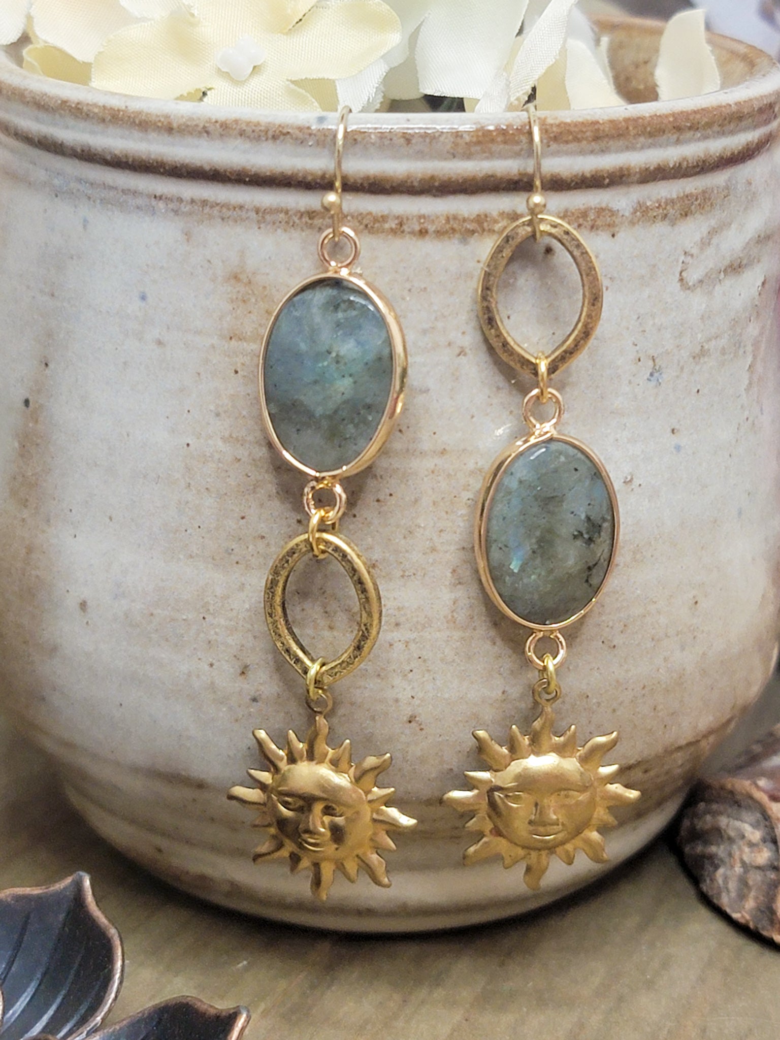 Labradorite and Gold Celestial Drop Earrings, Nicki Lynn Jewelry