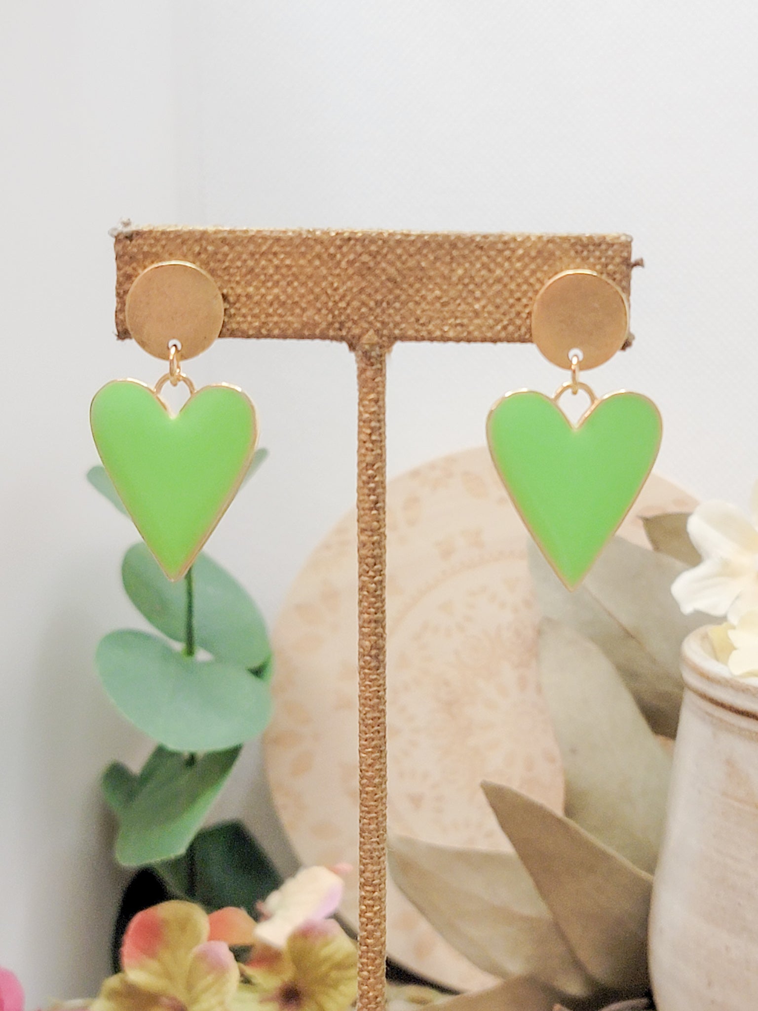 Lime Green and Gold Heart Statement Earrings, Nicki Lynn Jewelry 