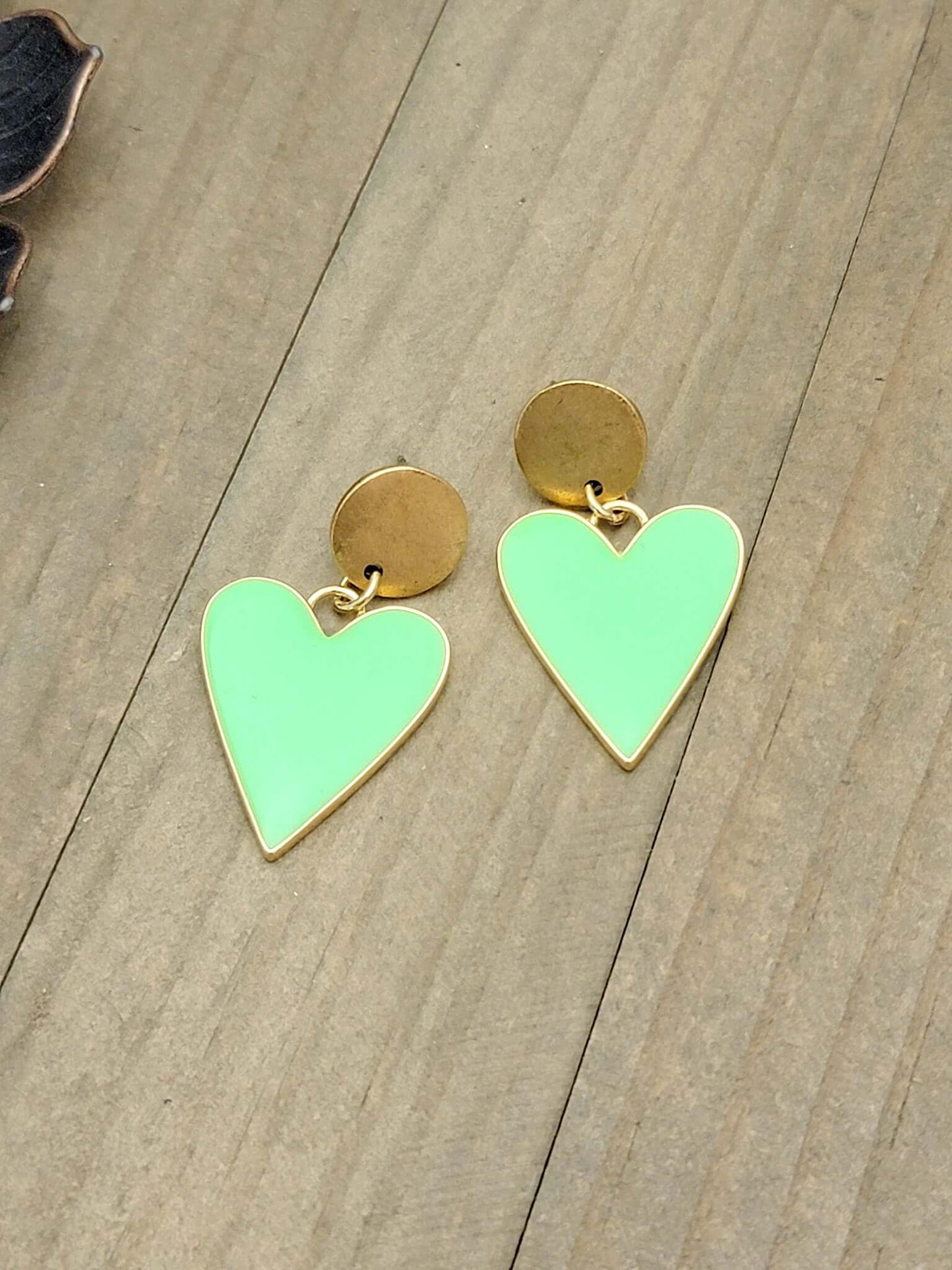 Lime Green and Gold Heart Statement Earrings, Nicki Lynn Jewelry 