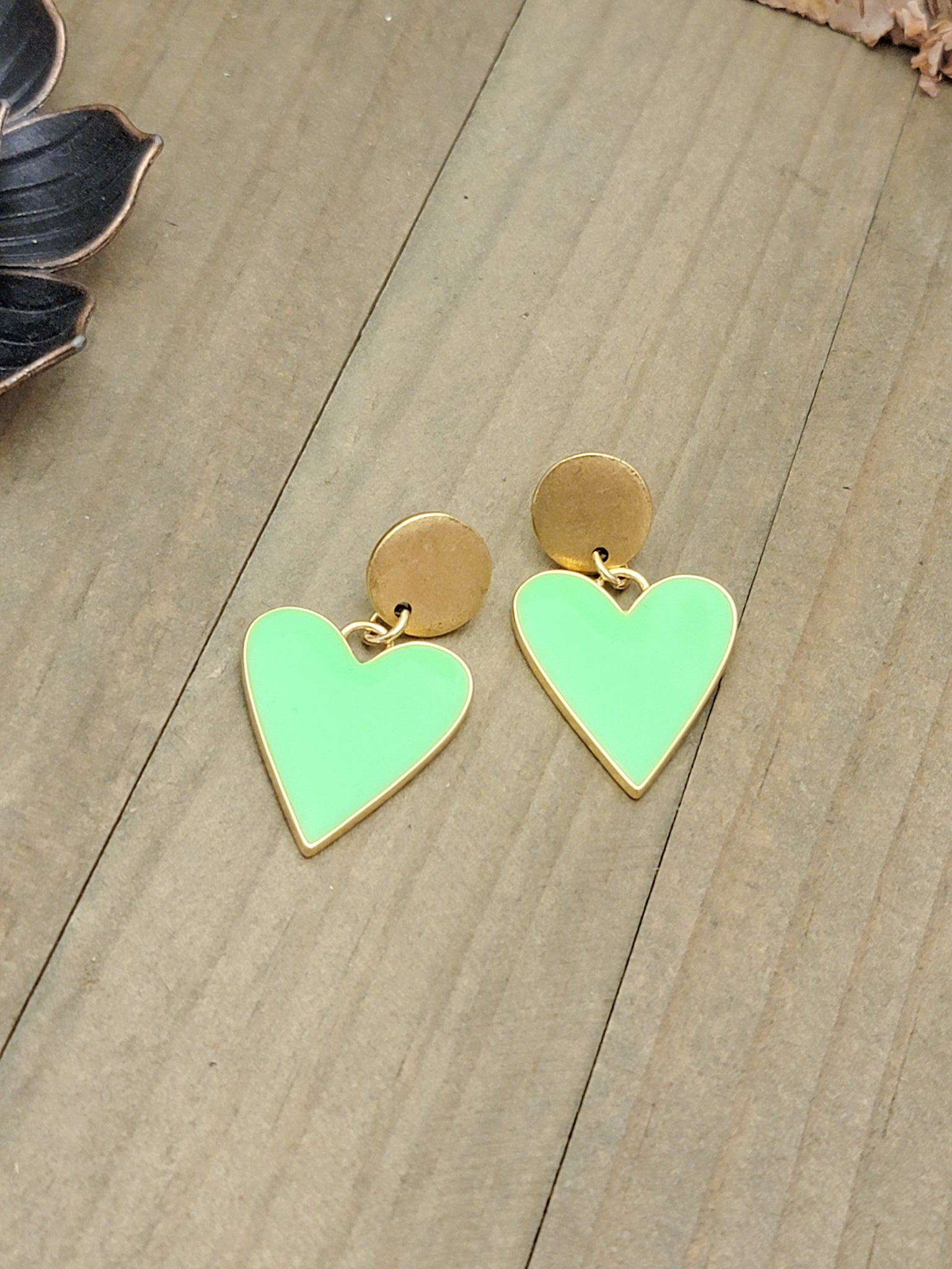 Lime Green and Gold Heart Statement Earrings, Nicki Lynn Jewelry 