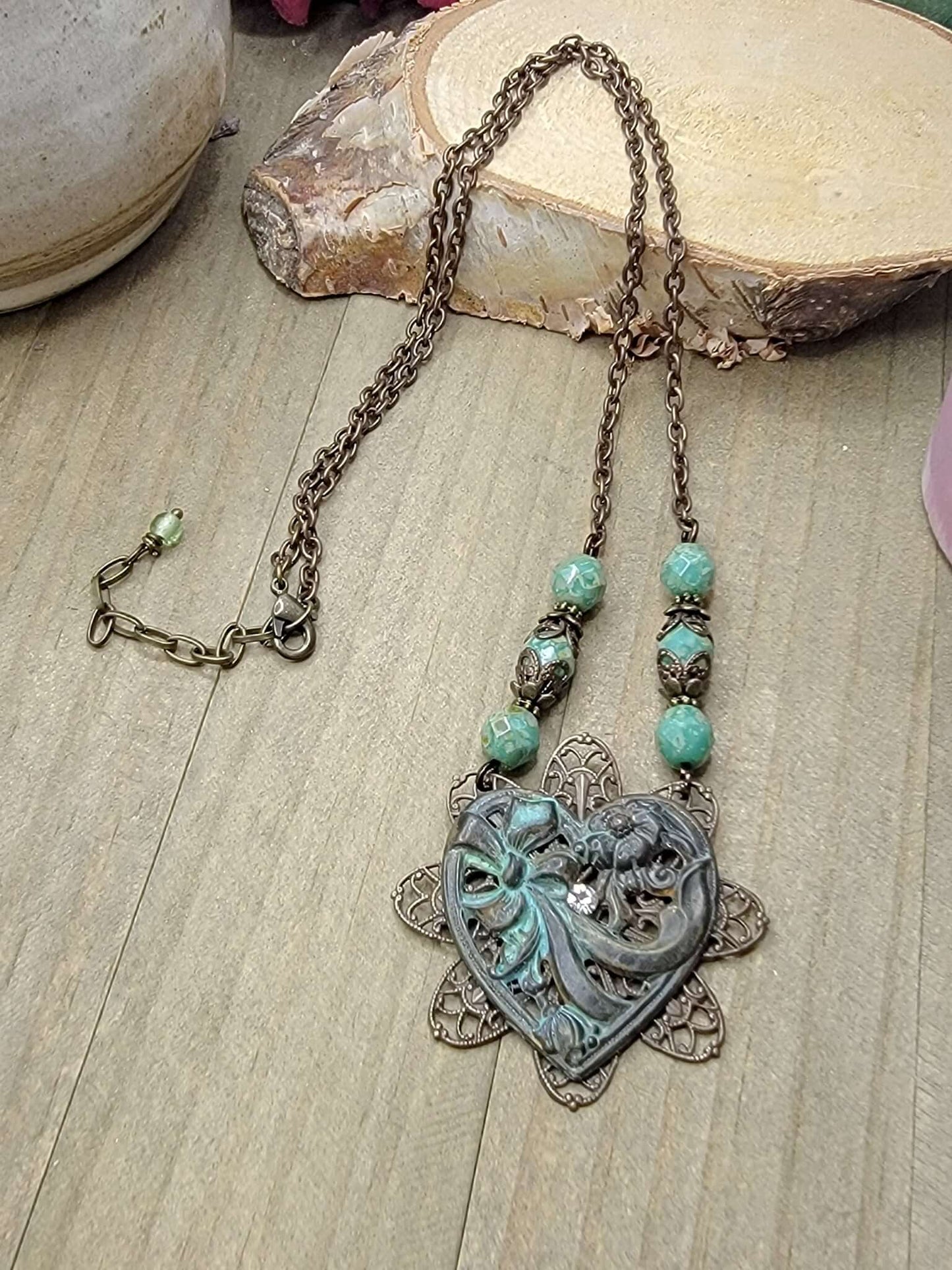 Antiqued Brass Filigree Heart Assemblage Necklace - OOAK, Nicki Lynn Jewelry