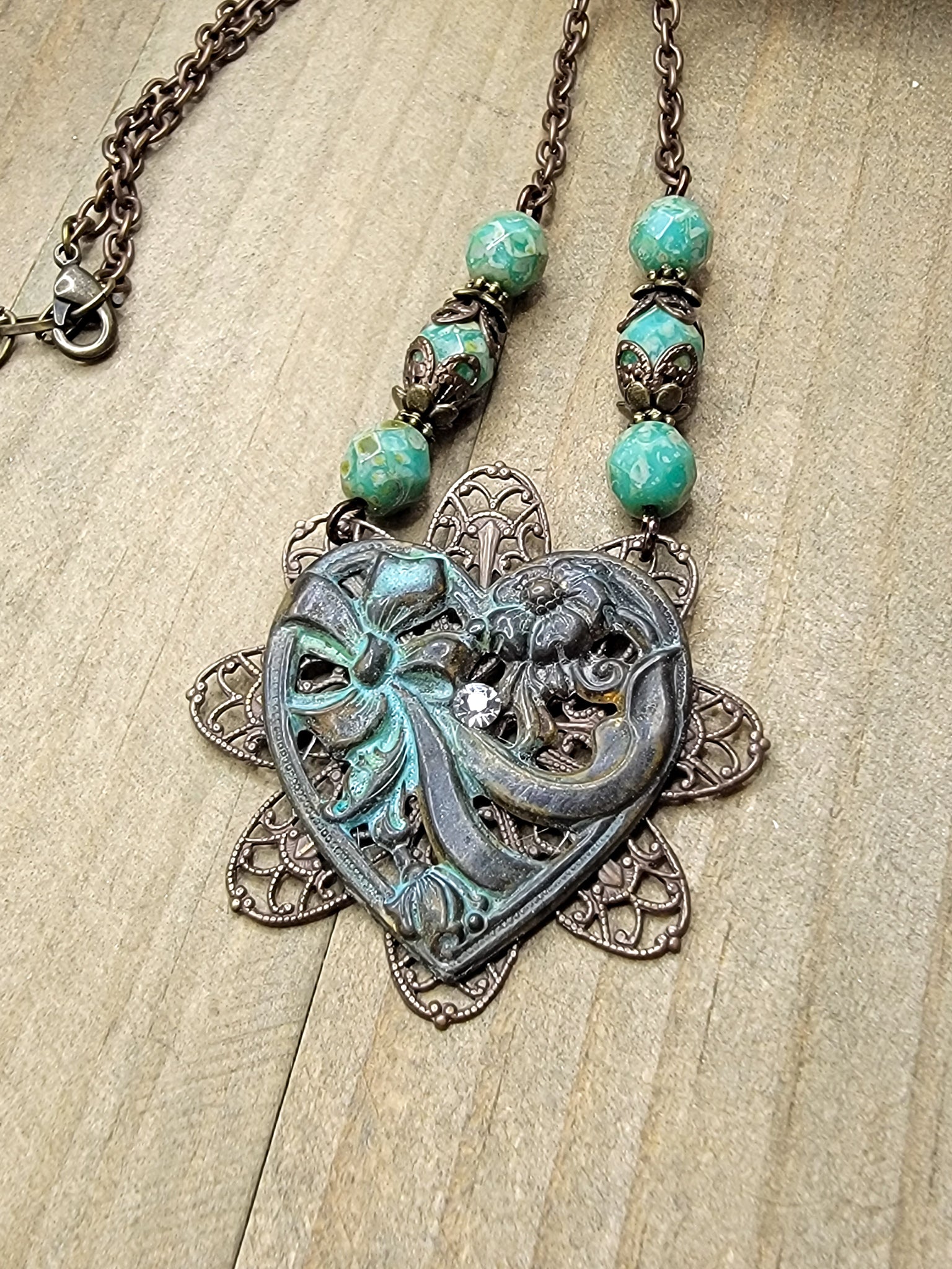 Antiqued Brass Filigree Heart Assemblage Necklace - OOAK, Nicki Lynn Jewelry