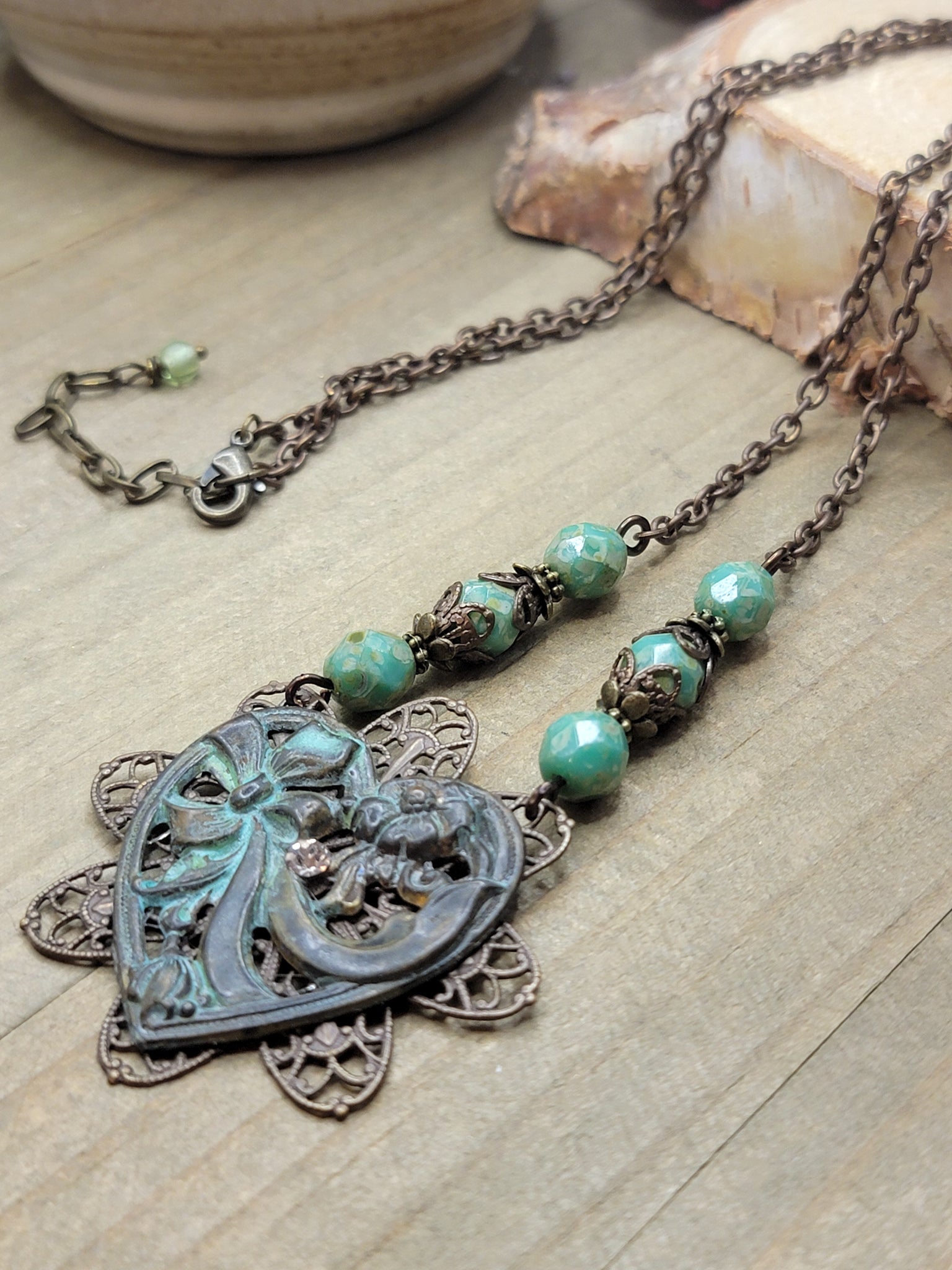 Antiqued Brass Filigree Heart Assemblage Necklace - OOAK, Nicki Lynn Jewelry 