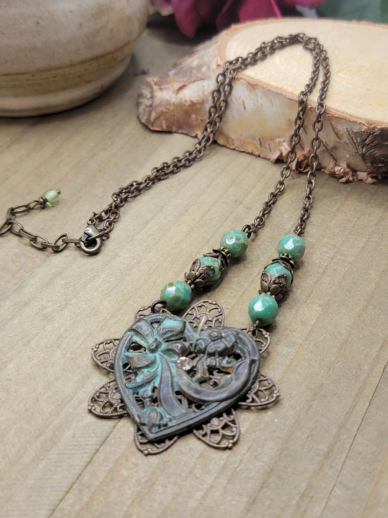 Antiqued Brass Filigree Heart Assemblage Necklace - OOAK, Nicki Lynn Jewelry