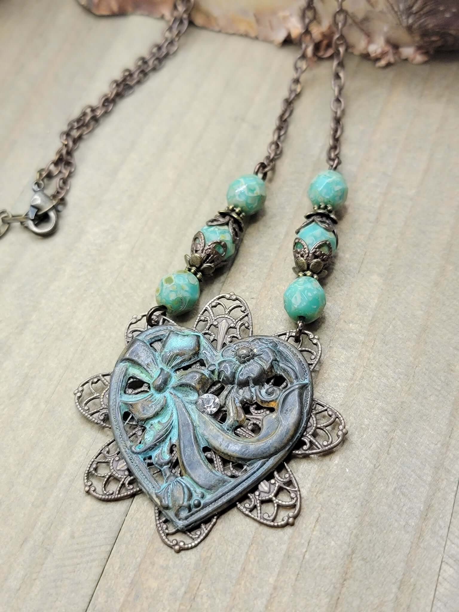 Antiqued Brass Filigree Heart Assemblage Necklace - OOAK, Nicki Lynn Jewelry