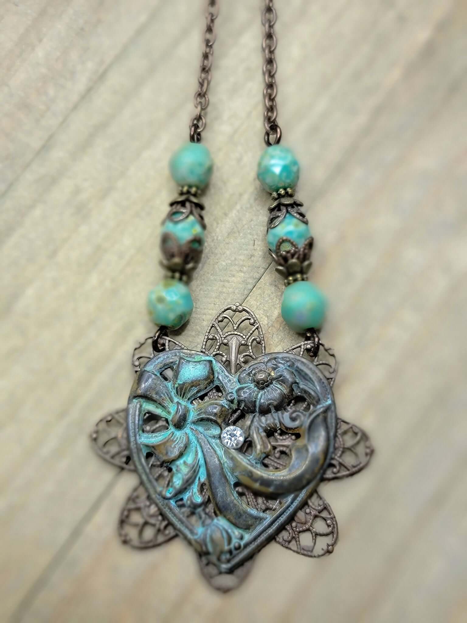 Antiqued Brass Filigree Heart Assemblage Necklace - OOAK, Nicki Lynn Jewelry