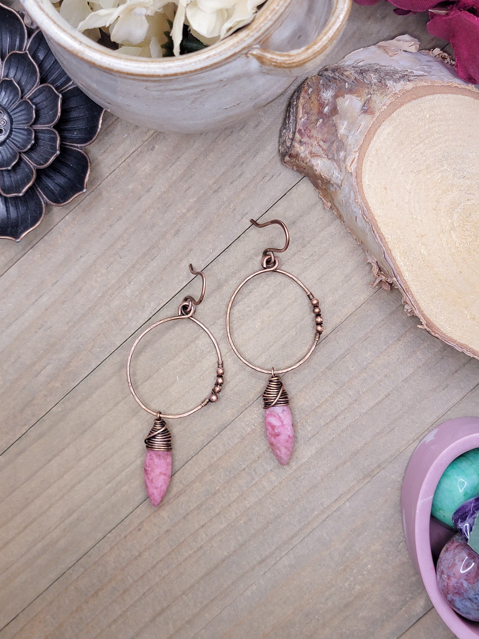 Large Hammered Copper Hoops, Pink Gemstone Earrings, Nicki Lynn Jewelry 