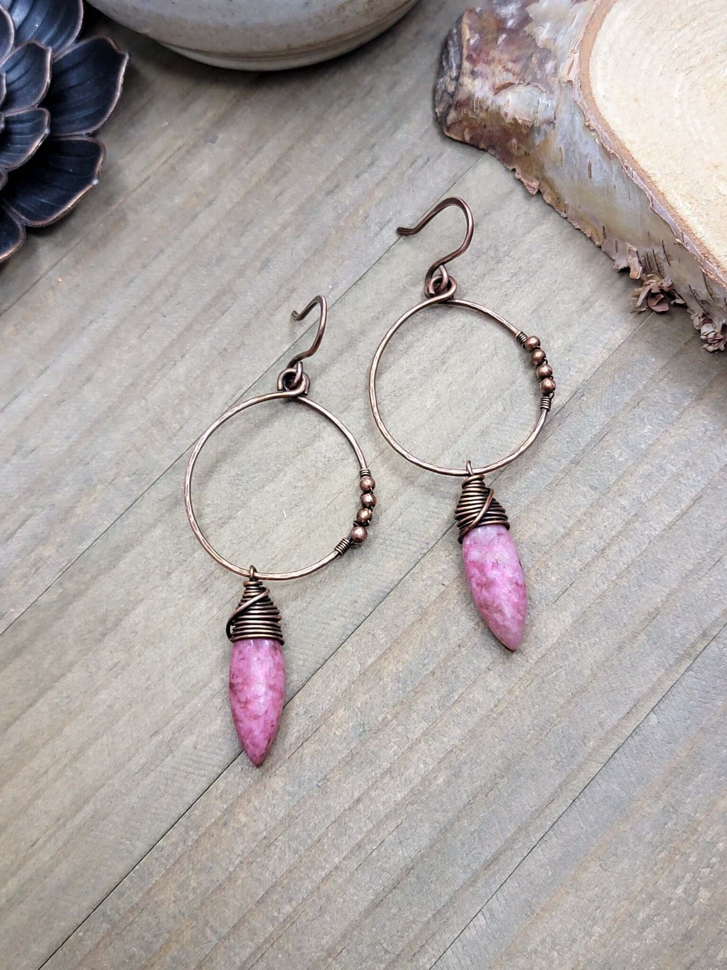 Large Hammered Copper Hoops, Pink Gemstone Earrings, Nicki Lynn Jewelry 