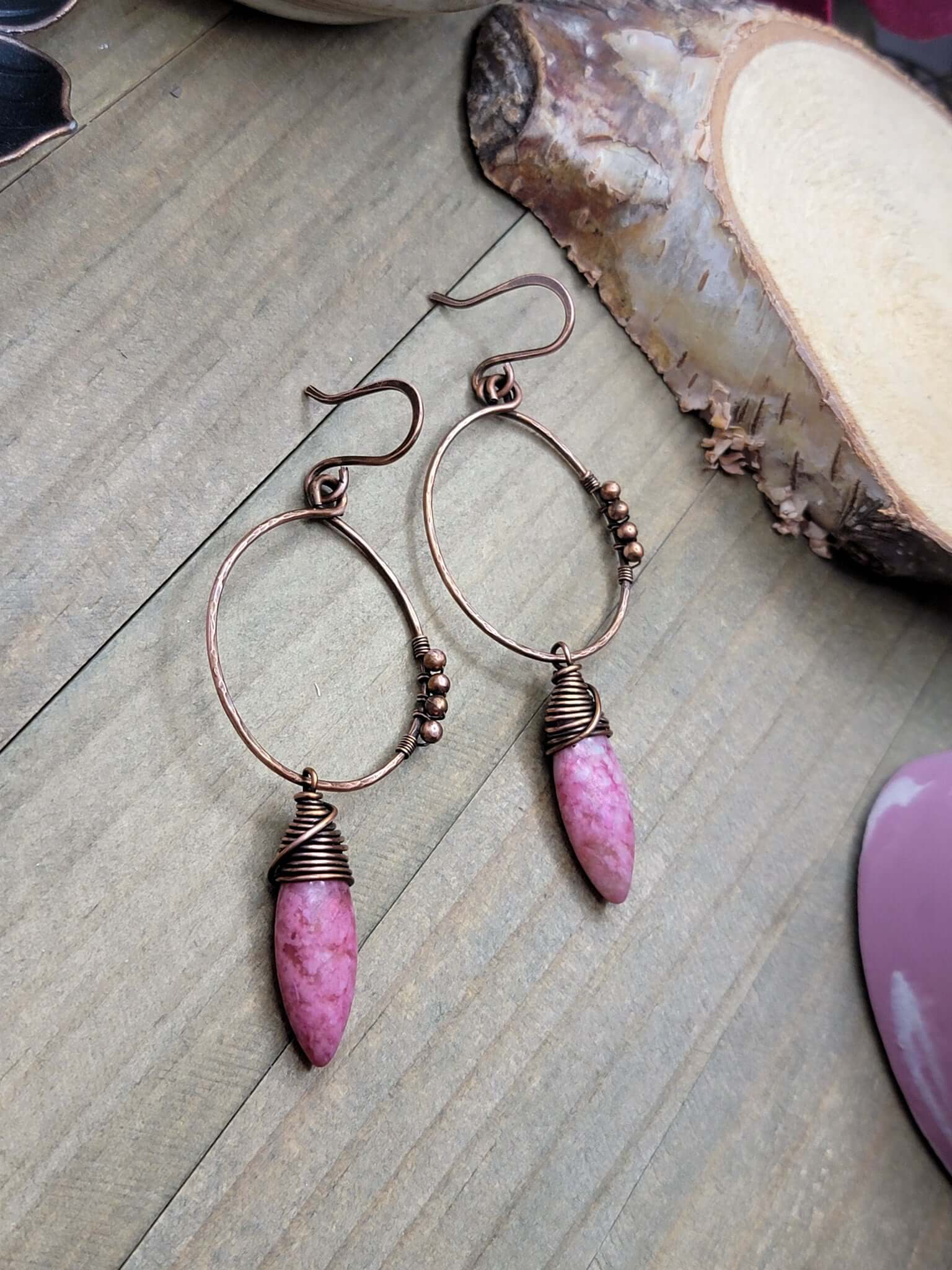 Large Hammered Copper Hoops, Pink Gemstone Earrings, Nicki Lynn Jewelry 