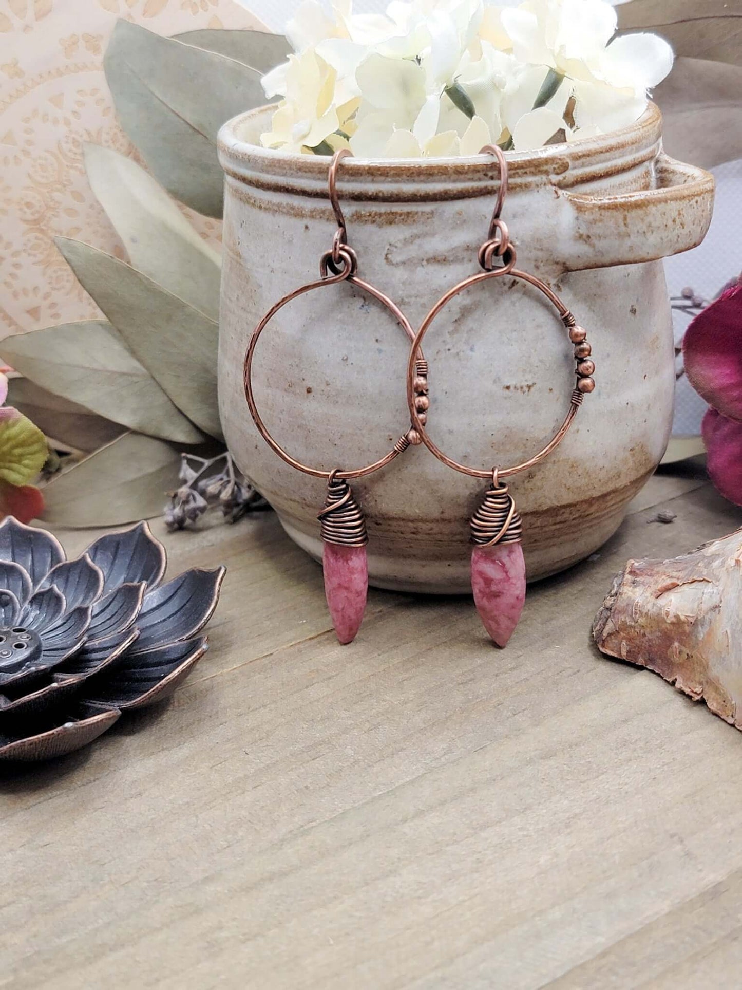 Large Hammered Copper Hoops, Pink Gemstone Earrings, Nicki Lynn Jewelry 