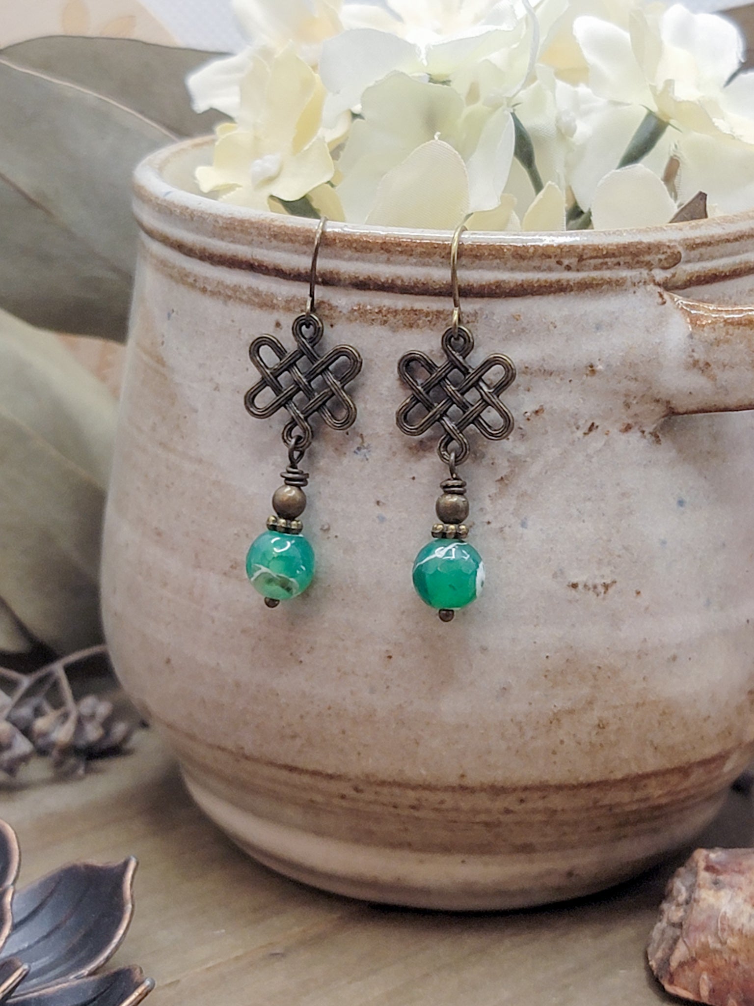 Celtic Knot-  Green Agate Dangle Earrings, Nicki Lynn Jewelry 