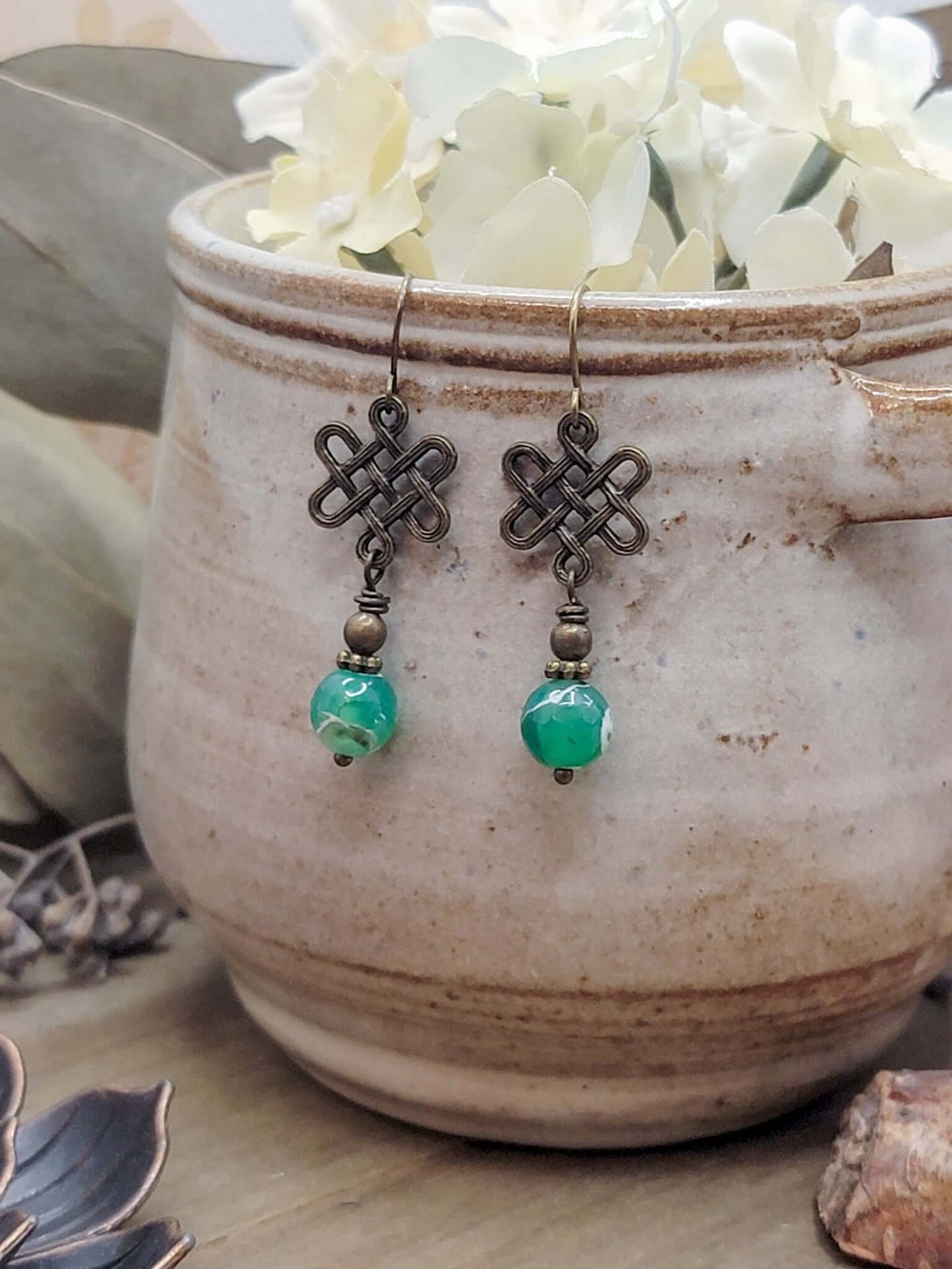 Celtic Knot-  Green Agate Dangle Earrings, Nicki Lynn Jewelry 