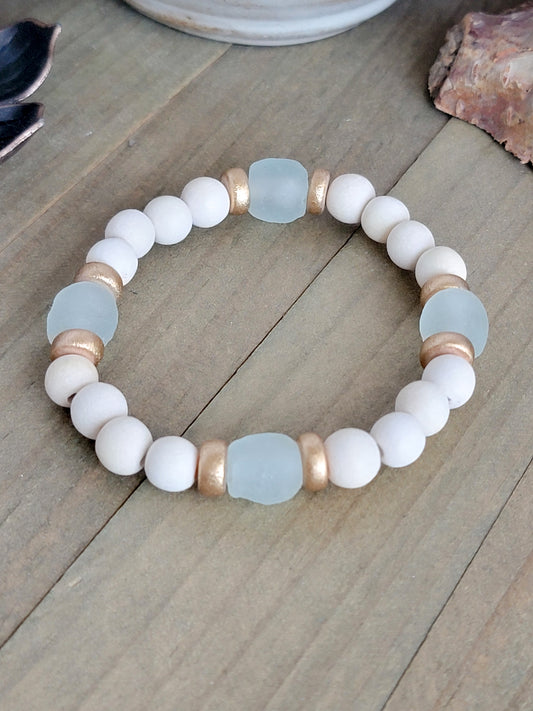 Aqua Recycled Glass and Wood Bead Bracelet , Nicki Lynn Jewelry 