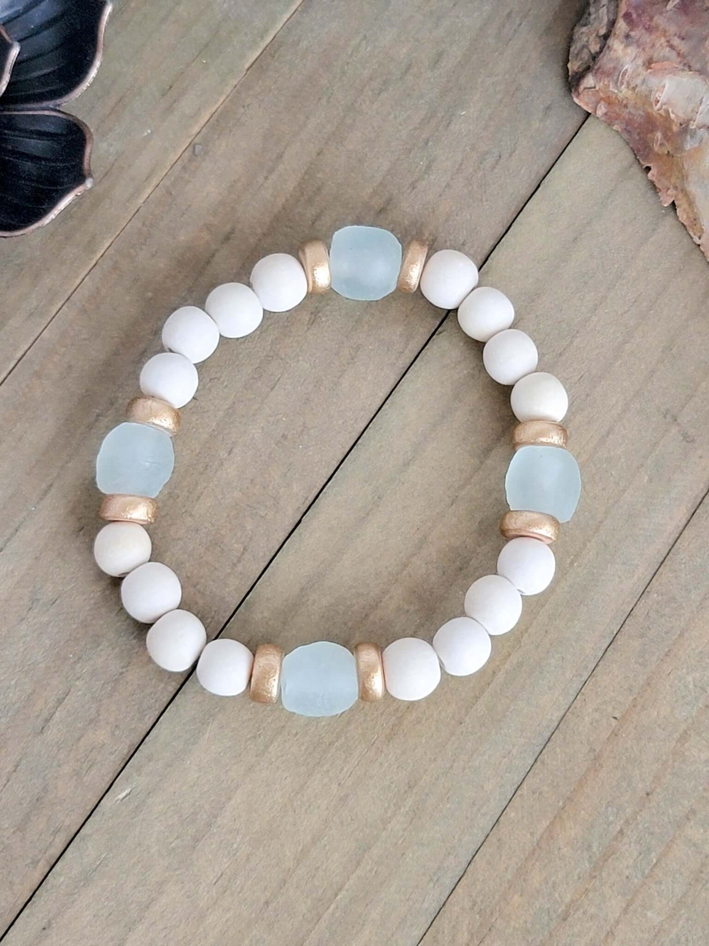 Aqua Recycled Glass and Wood Bead Bracelet , Nicki Lynn Jewelry 