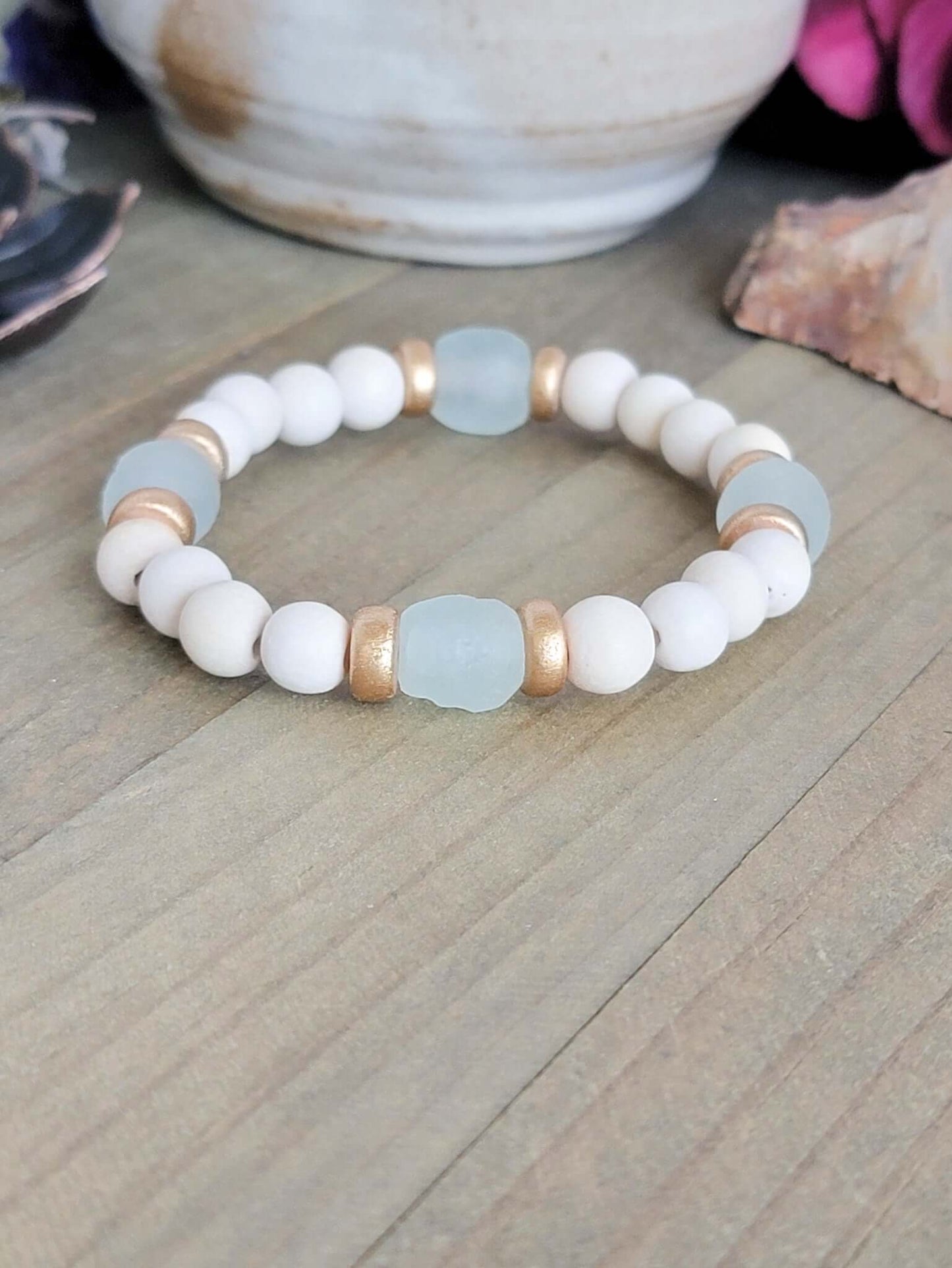 Aqua Recycled Glass and Wood Bead Bracelet , Nicki Lynn Jewelry 
