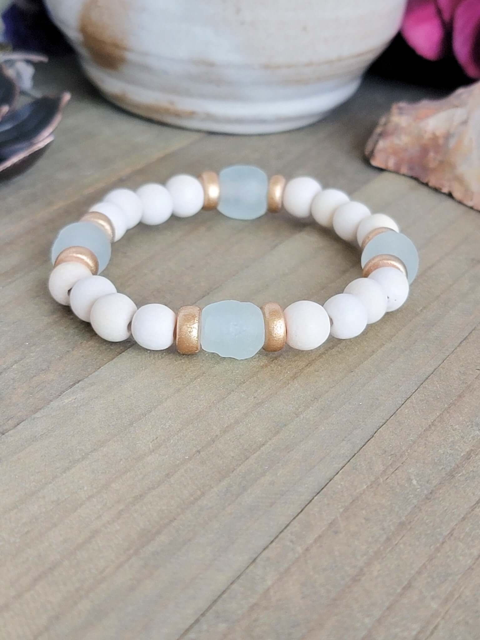 Aqua Recycled Glass and Wood Bead Bracelet , Nicki Lynn Jewelry 