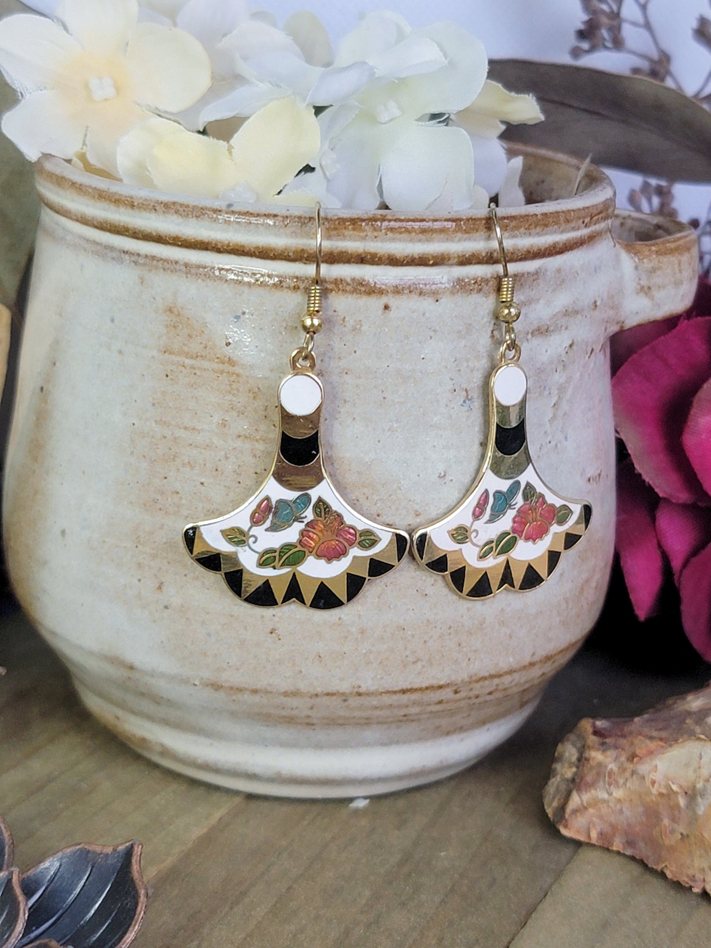 Vintage Cloisonné Dress Flute Flower Earrings, Nicki Lynn Jewelry 