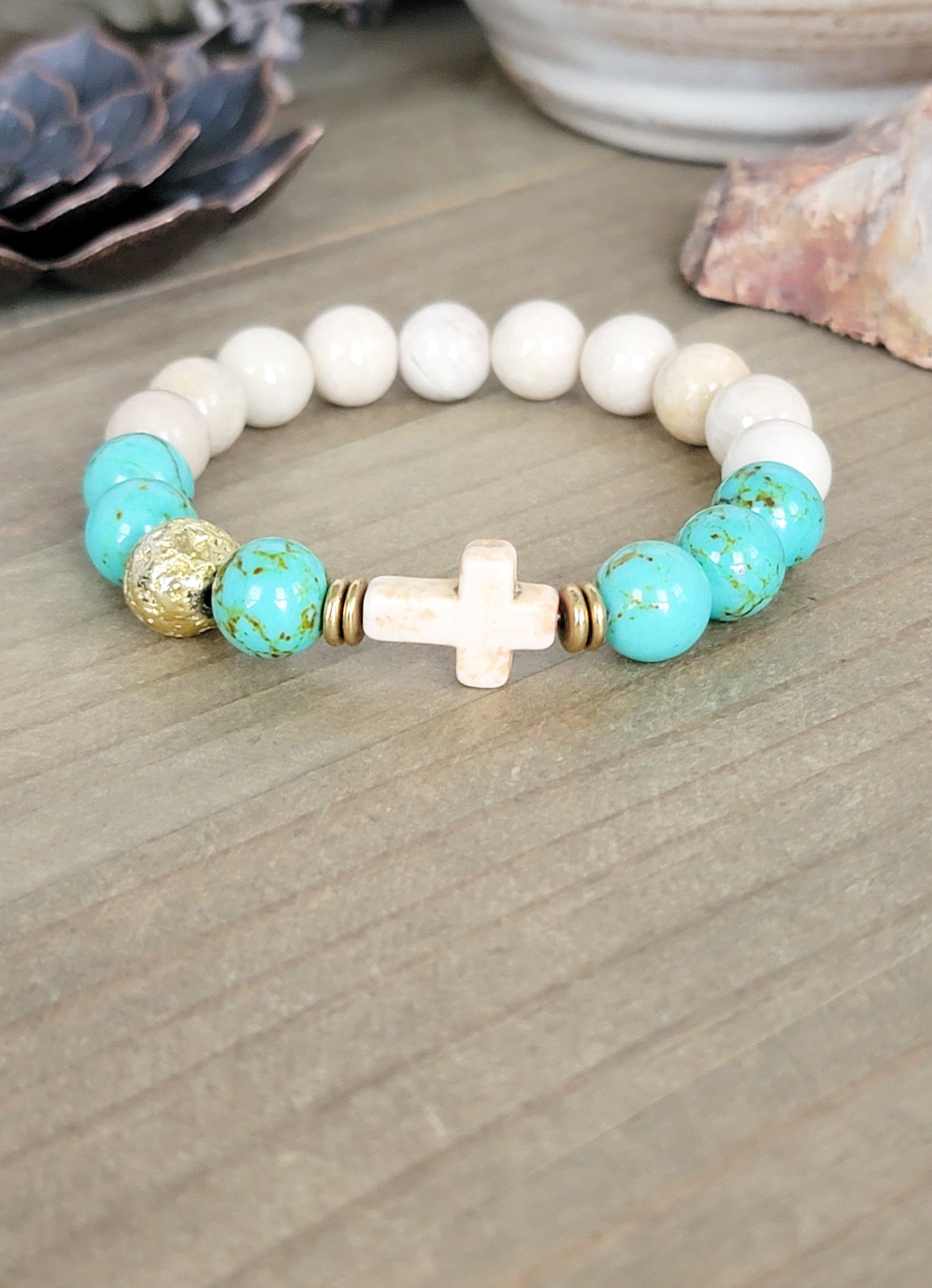 White Cross and Turquoise Gemstone Bracelet, Nicki Lynn Jewelry 