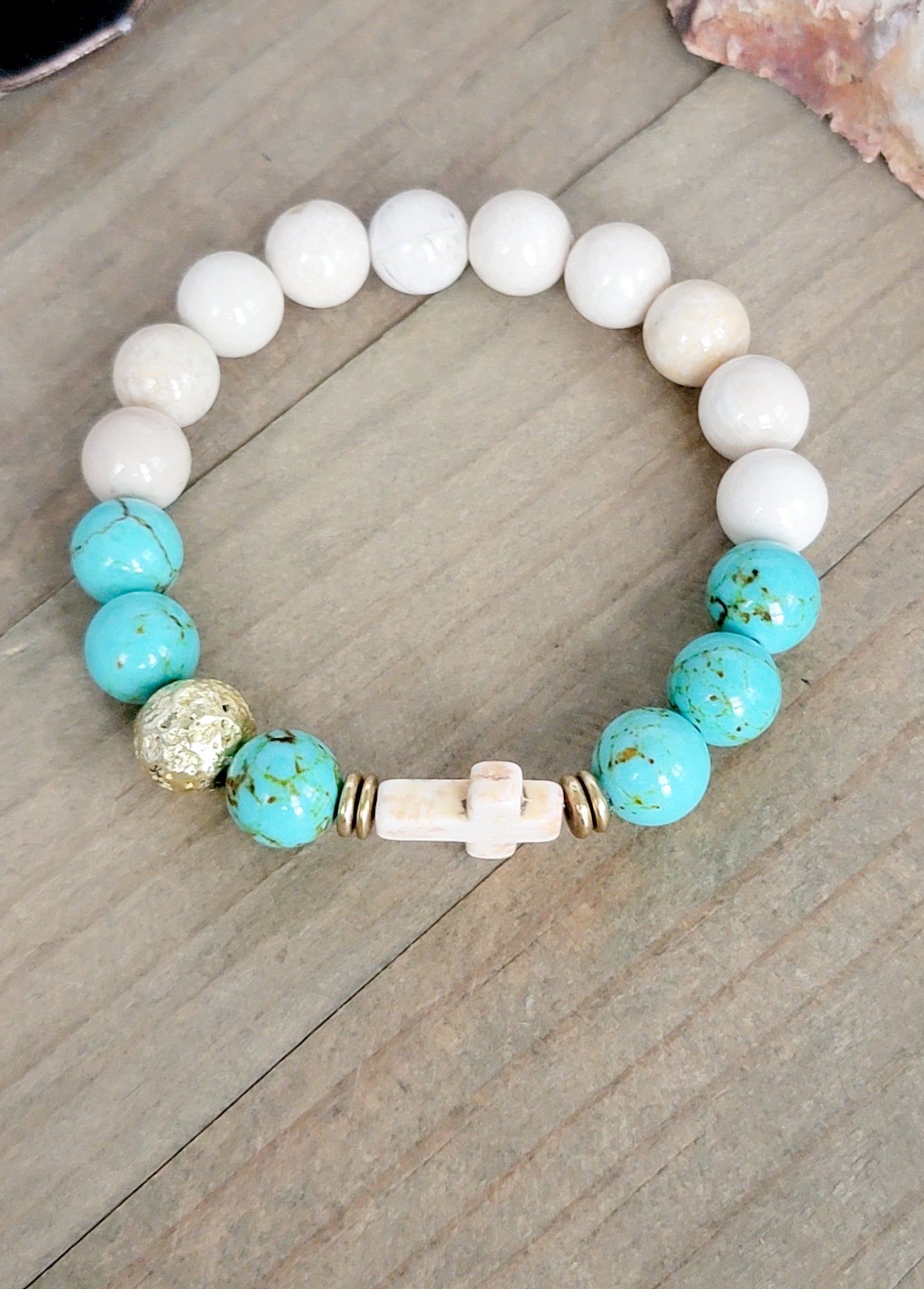 White Cross and Turquoise Gemstone Bracelet, Nicki Lynn Jewelry 