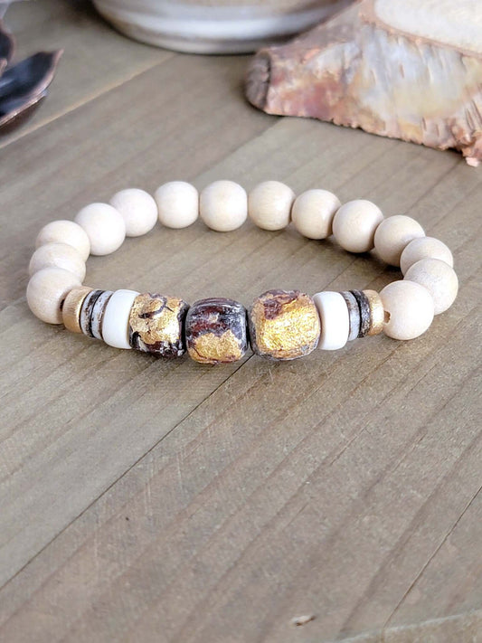 Chunky Statement Wood and Bone Bead Bracelet - Nicki Lynn Jewelry