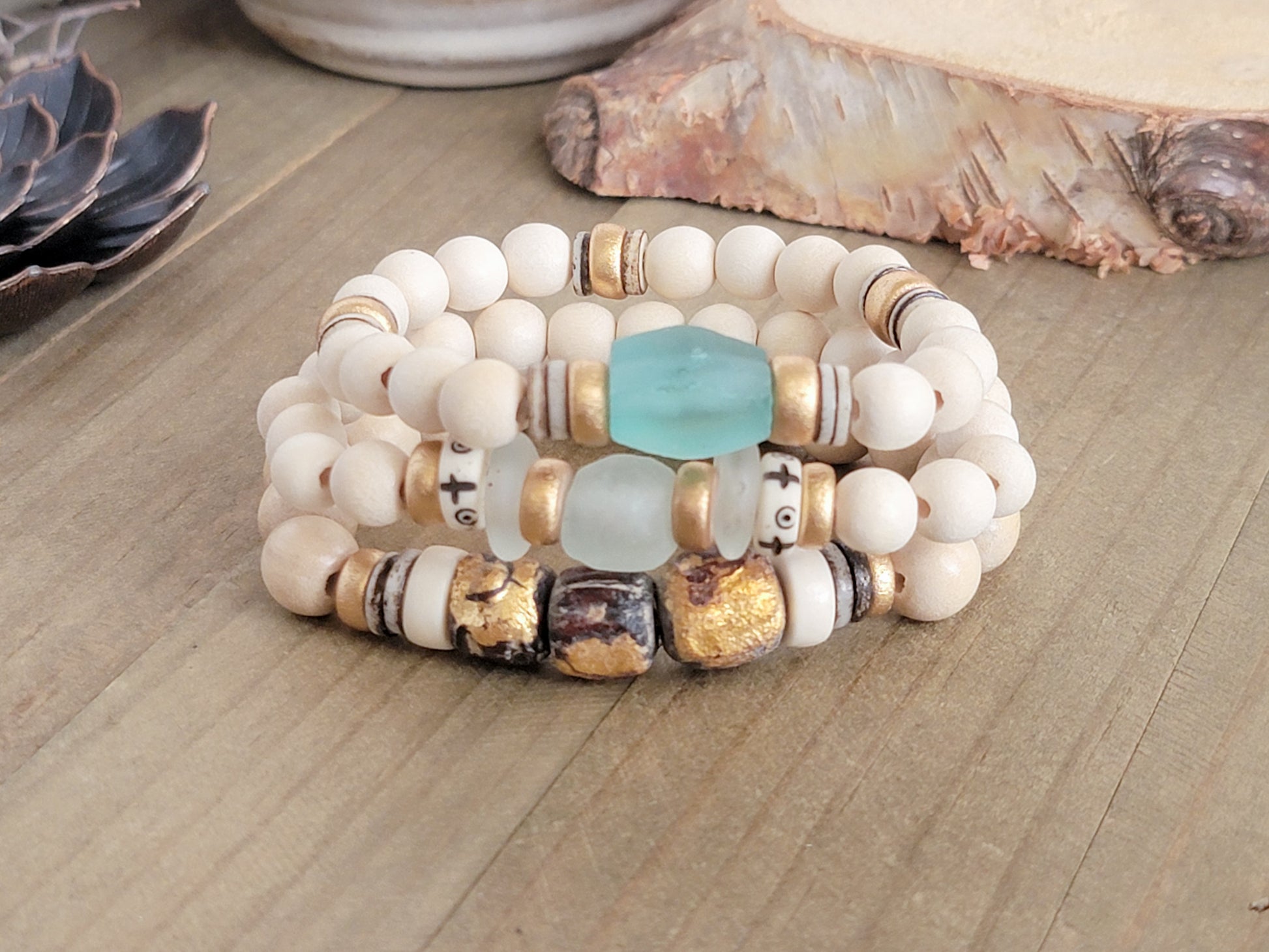 Wood Bead Bracelet-Gold, Cream, Marine Blue Stacker - Nicki Lynn Jewelry