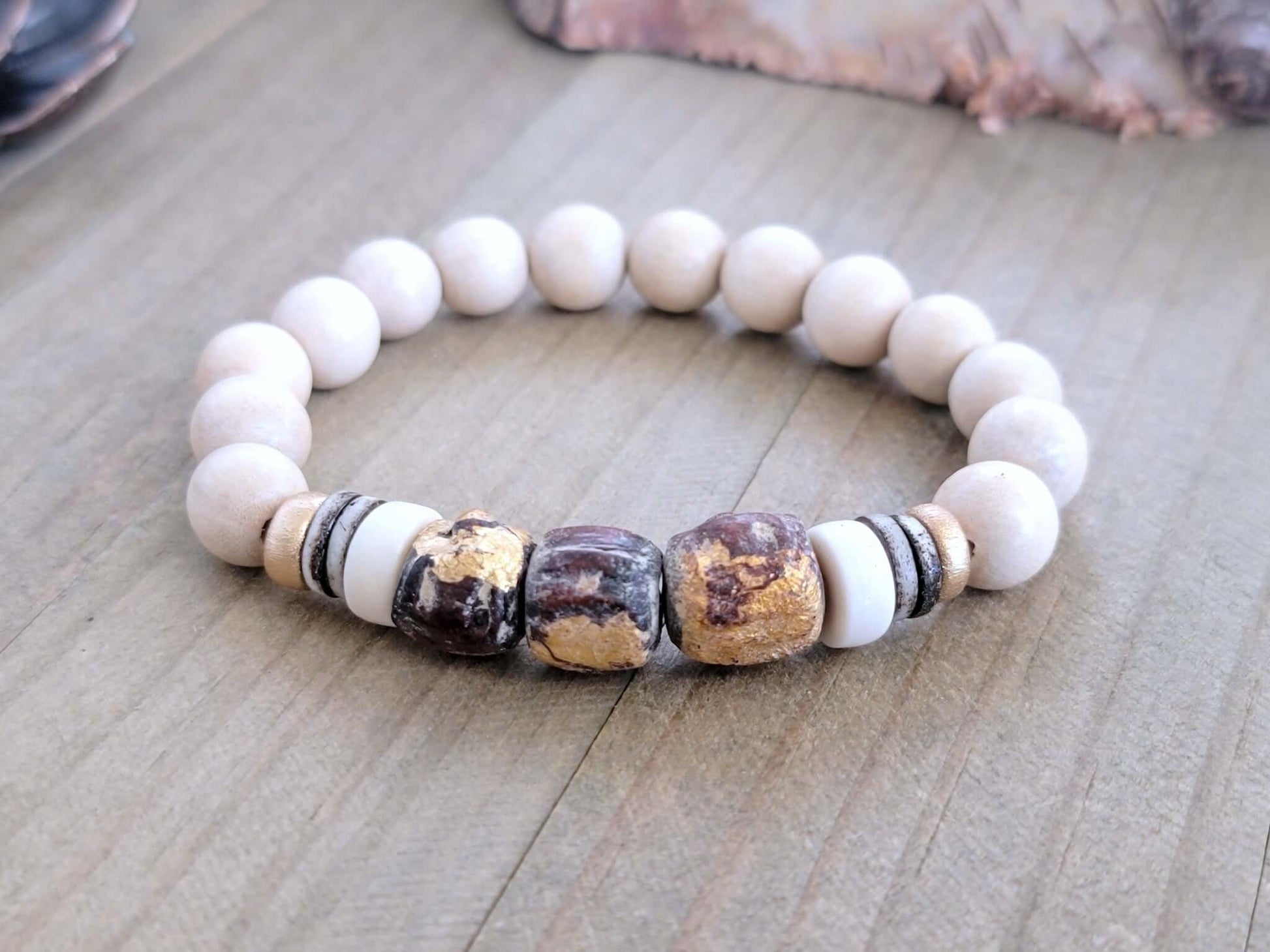 Chunky Statement Wood and Bone Bead Bracelet - Nicki Lynn Jewelry